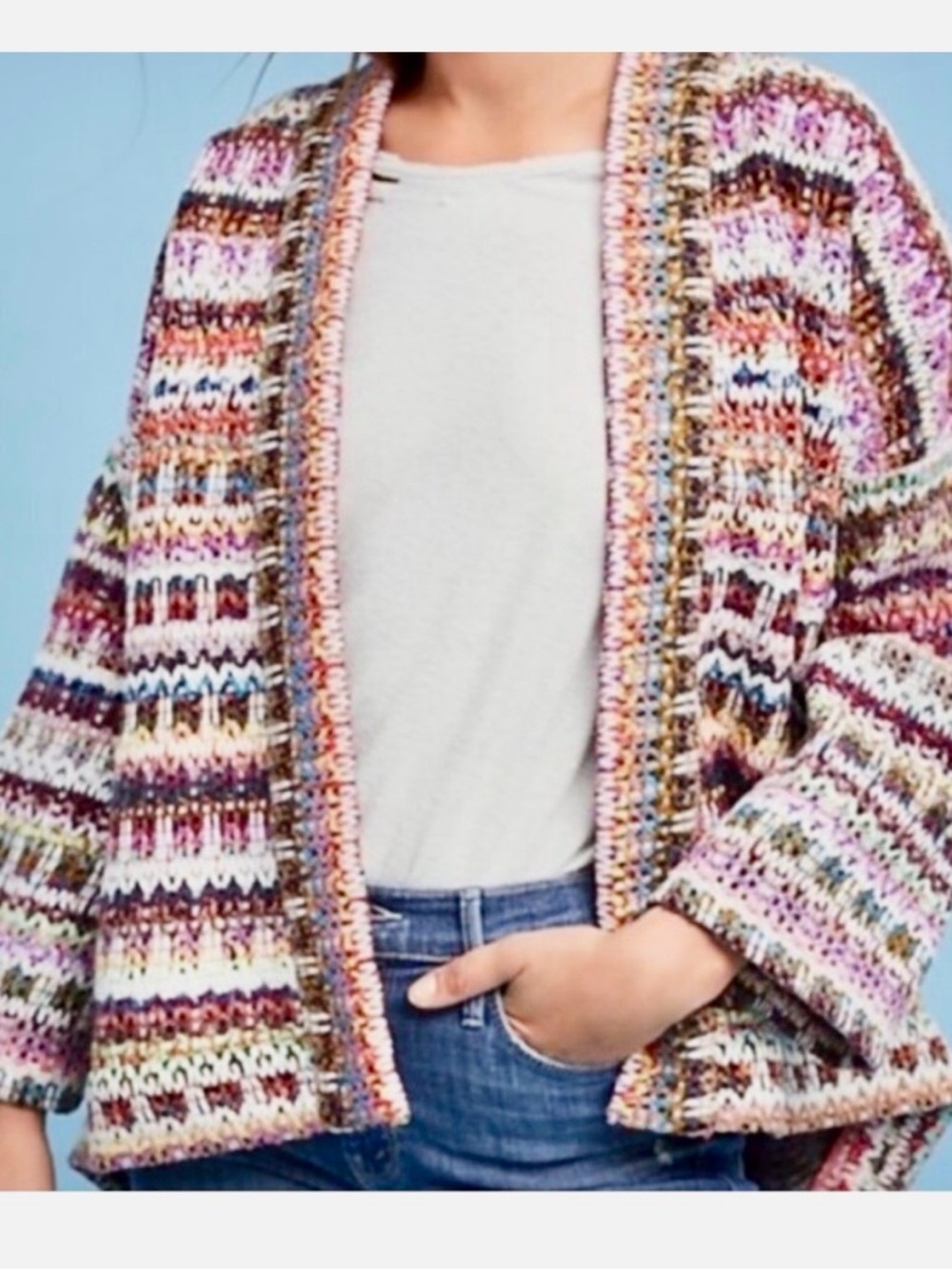 Striped Multicolor Open-Front Knit Kimono Cardigan